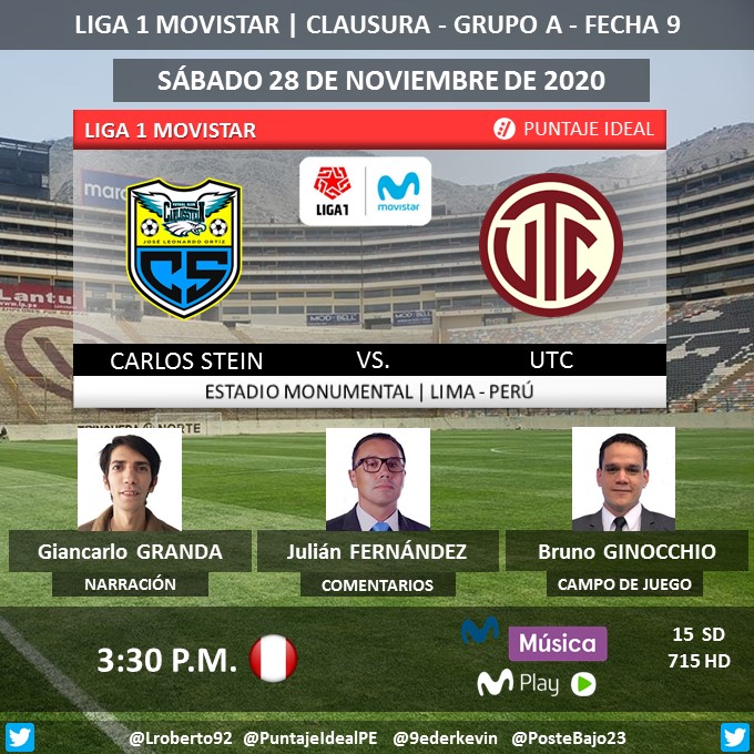 PuntajeIdealPE's tweet photo. ⚽ #Liga1Movistar 🇵🇪 | @fcCarlosStein16 vs. @UTC_PagOficial
🎙 Narración: @Ggranda7
🎙 Comentarios: @julianf10
⛳ Campo de Juego: @BrunoGinocchio
📺 #MovistarMusica (15 SD | 715 HD)
💻📱#MovistarPlayPerú
🤳 #LIGA1MOVISTARxGOLPERÚ
Dale RT 🔃 https://t.co/3RWB21LIjp