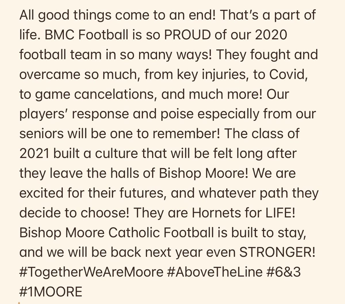 HornetFB_1MOORE's tweet photo. Our Hornets finish their season with a loss to an undefeated Jesuit team. We are so PROUD of this 2020 team with everything that was thrown at them! They NEVER gave up! The future of BMC Football looks BRIGHT! #1MOORE @BMooreAthletics @osvarsity @FlaHSFootball @CenFLAPreps https://t.co/xFmphz8G8v