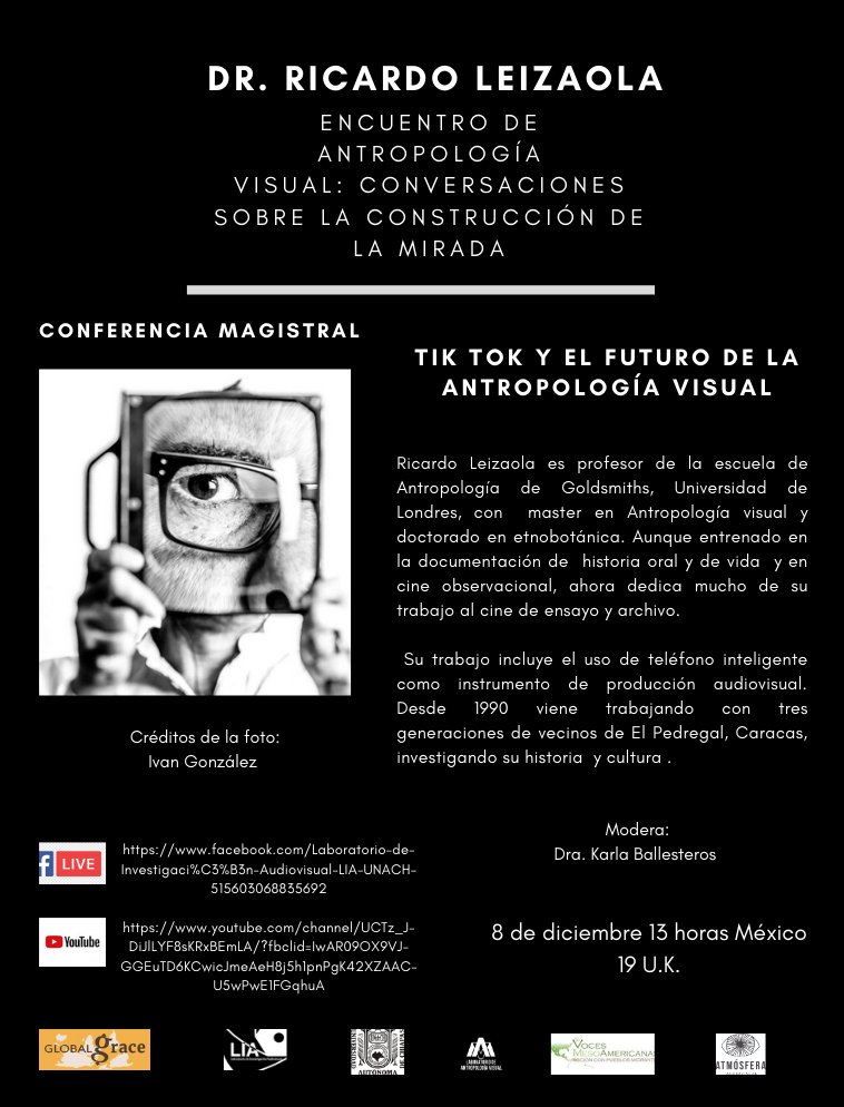 Pavel_VA's tweet image. “Encuentro de Antropología Visual. Conversaciones sobre la construcción de la mirada”.
Del 7 al 11 de Diciembre.
Conferencias Magistrales.

facebook.com/kinokisancris/…