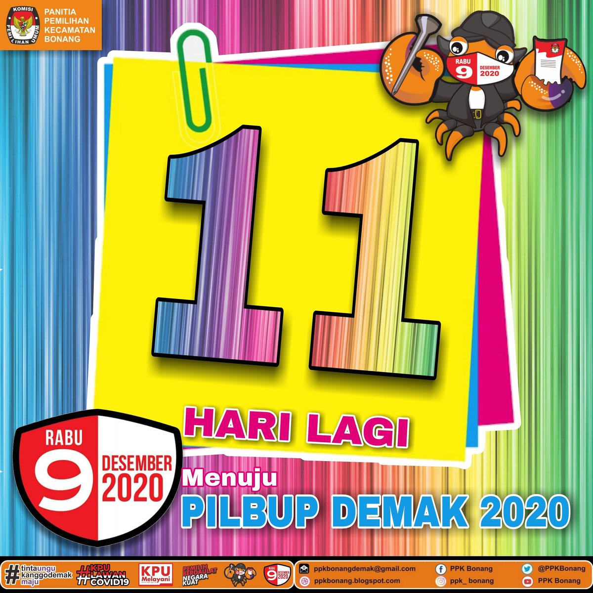 PPKBonang's tweet photo. 11 Hari hitung mundur menuju Pemilihan Bupati dan Wakil Bupati Demak Tahun 2020.
Jangan lupa yaaa 9 Desember 2020!
Nyoblosss..!!

#tintaungukanggodemakmaju
#sukseskanpilbupdemak2020
#pemilihberdaulatnegarakuat
#pilbupdemak2020
#kpulawancovid19
#kpudemak2020
#ppkbonang
#countdown https://t.co/kTuiYAeCXN
