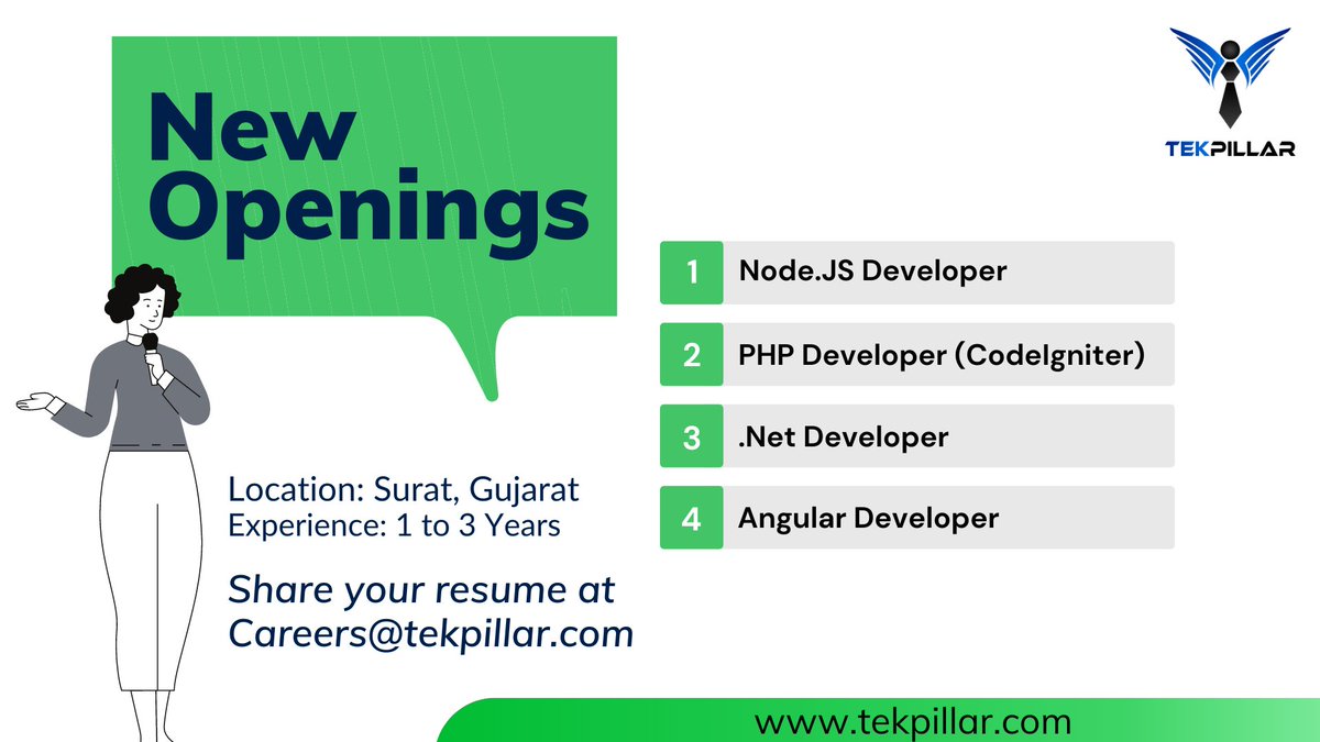 tekpillar's tweet image. #jobhiring @ TekPillar
Urgently hiring an expert for the below Position

1.#DotNetDevelopers
2.#NodeJs_Developer
3.#PHP_Developer
4.#Angulardeveloper

Location: #suratcity
Job Type: Full Time - Permanent
Experience: 1 to 3 Years
Share your resume to Careers@tekpillar.com
