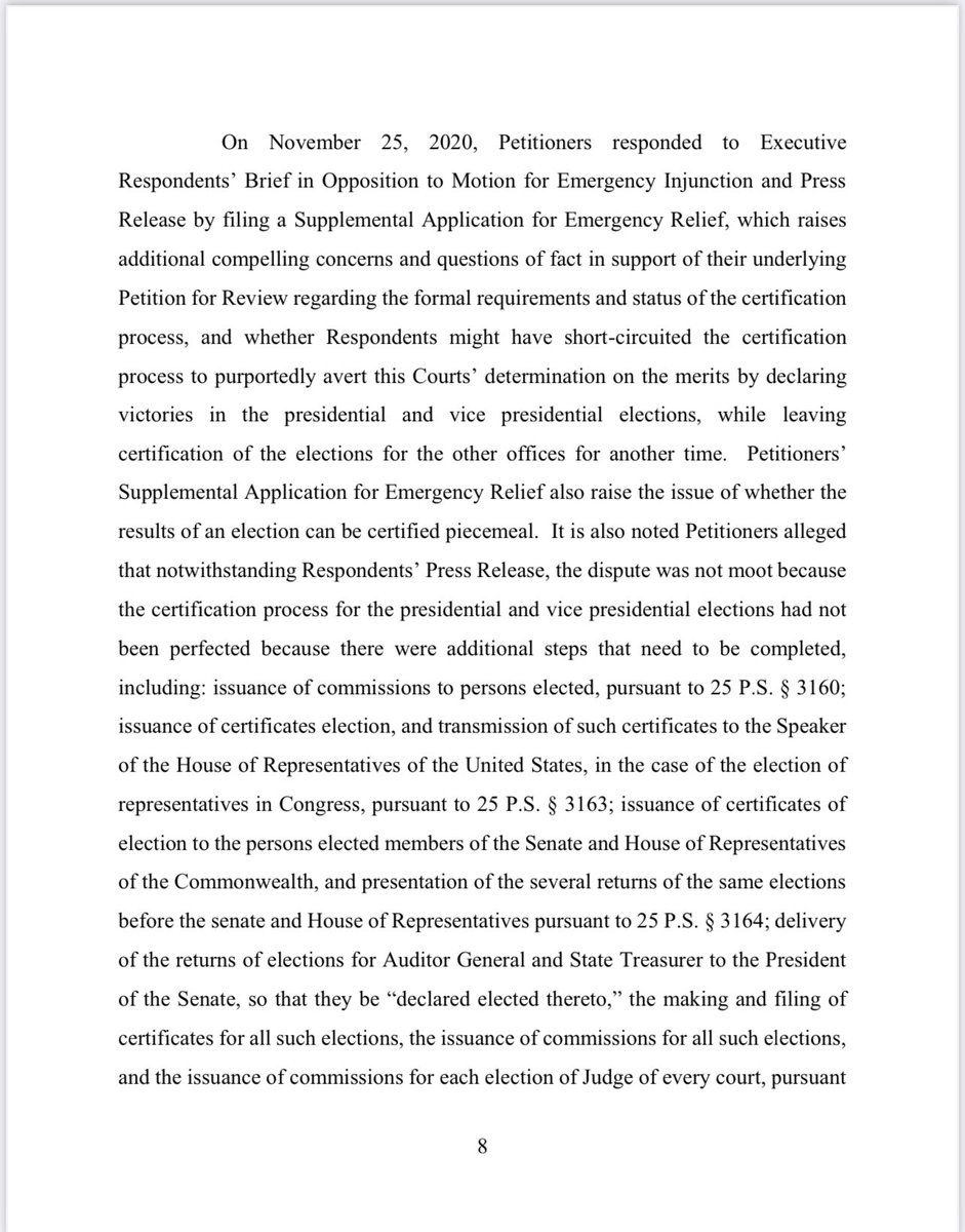 Thread: This is a huge deal. The PA court is saying Parnell has a viable complaint that mail in voting in PA was unconstitutional and that the Gov there rushed to certify the POTUS and VP to skirt around it. This is massive - a huge win for justice. Please read this. https://twitter.com/barnes_law/status/1332530731231236097