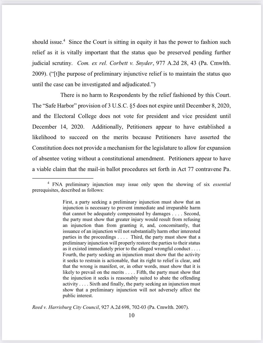Thread: This is a huge deal. The PA court is saying Parnell has a viable complaint that mail in voting in PA was unconstitutional and that the Gov there rushed to certify the POTUS and VP to skirt around it. This is massive - a huge win for justice. Please read this. https://twitter.com/barnes_law/status/1332530731231236097
