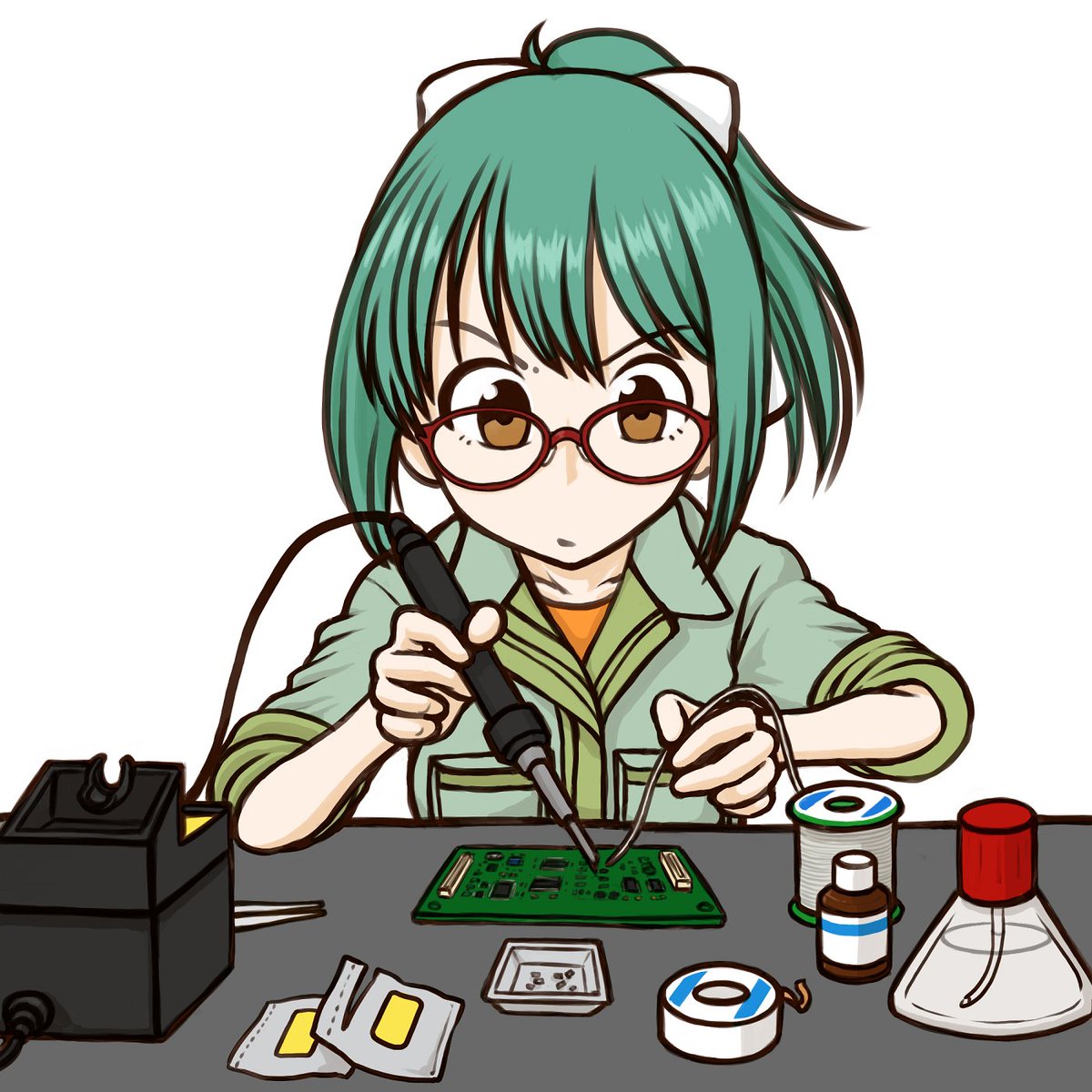 yuubari (kancolle) 1girl solo glasses green hair ponytail white background brown eyes  illustration images