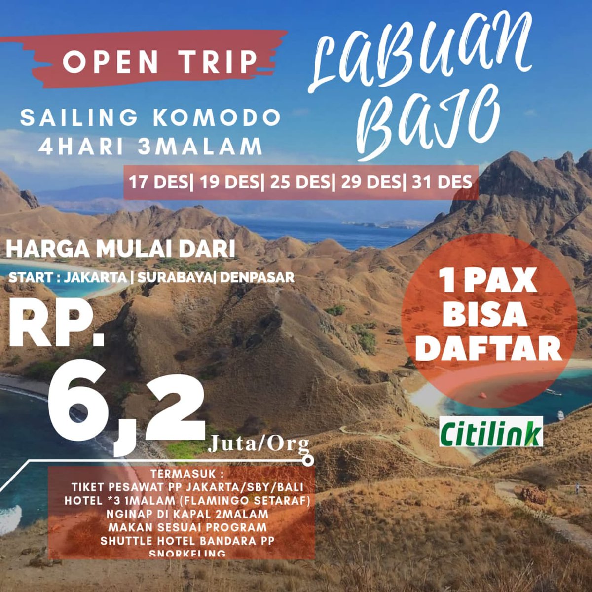 bonabit88's tweet photo. 4H3M  Labuan Bajo - Sailing Komodo
Harga Termasuk : 
- Pesawat Pp JKT-LBJ
- Transportasi Penjemputan Hotel/Bandara - Pelabuhan Pp
- Kapal Live On Board selama 3 Hari
- Makan selama di Atas Kapal ( 7X) 
- Dokumentasi 
Segera daftar di 082261645410 (Rina-Bonabit Travel) https://t.co/ameNHObzL4