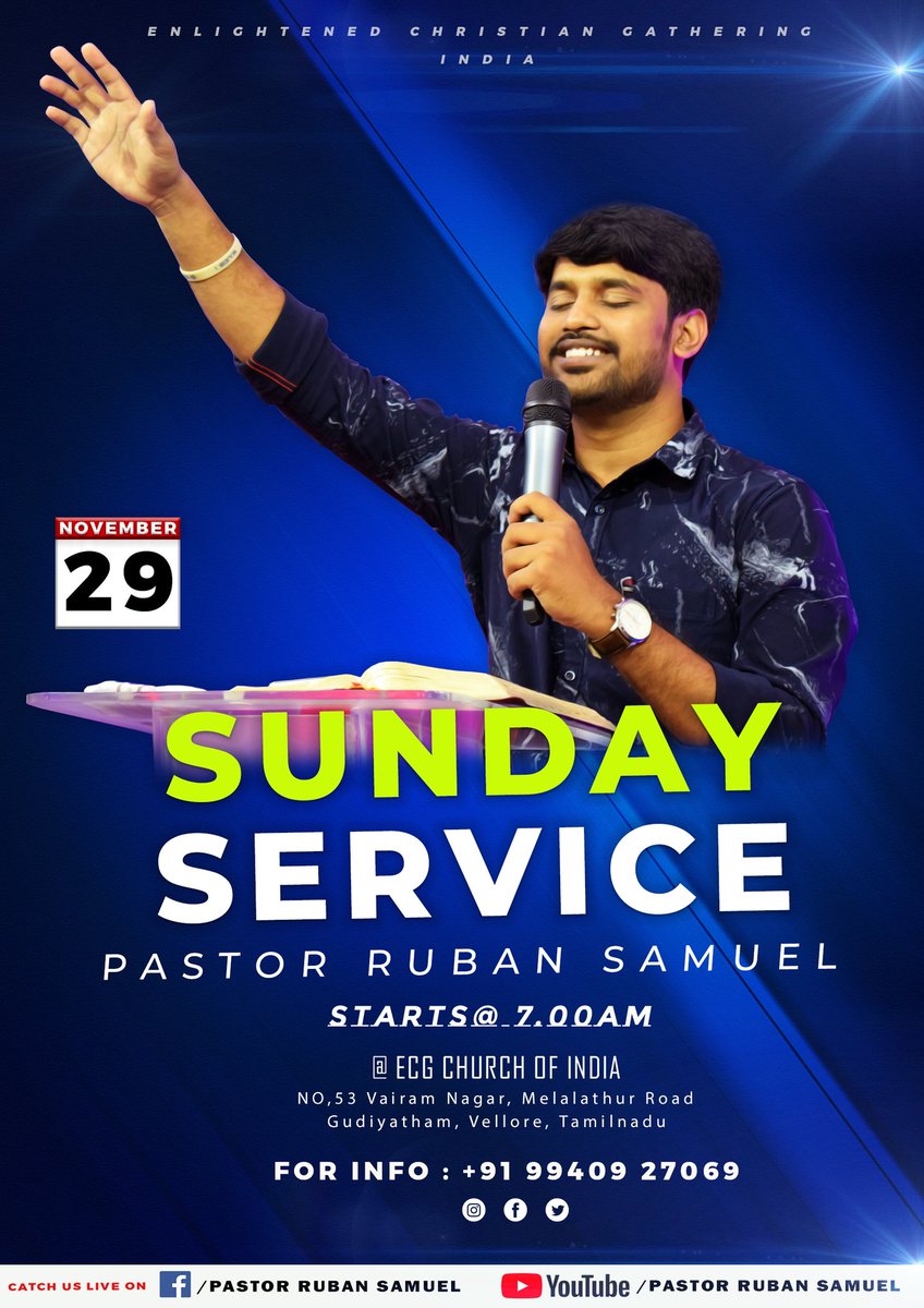 Ecgindia1's tweet photo. Don't miss it.. Sunday Service With Pastor Ruban Samuel. Stay Connected.
Watch us live in Youtube ( Do like, Share, &amp; Subscribe ) https://t.co/VdXgcWukyI
&amp; facebook.( Do like, follow &amp; Share ) - https://t.co/sKRqHuzrHF
God bless you.
#sunday #service #ecgindia #pastorrubanlive https://t.co/RjmLbAFVMz