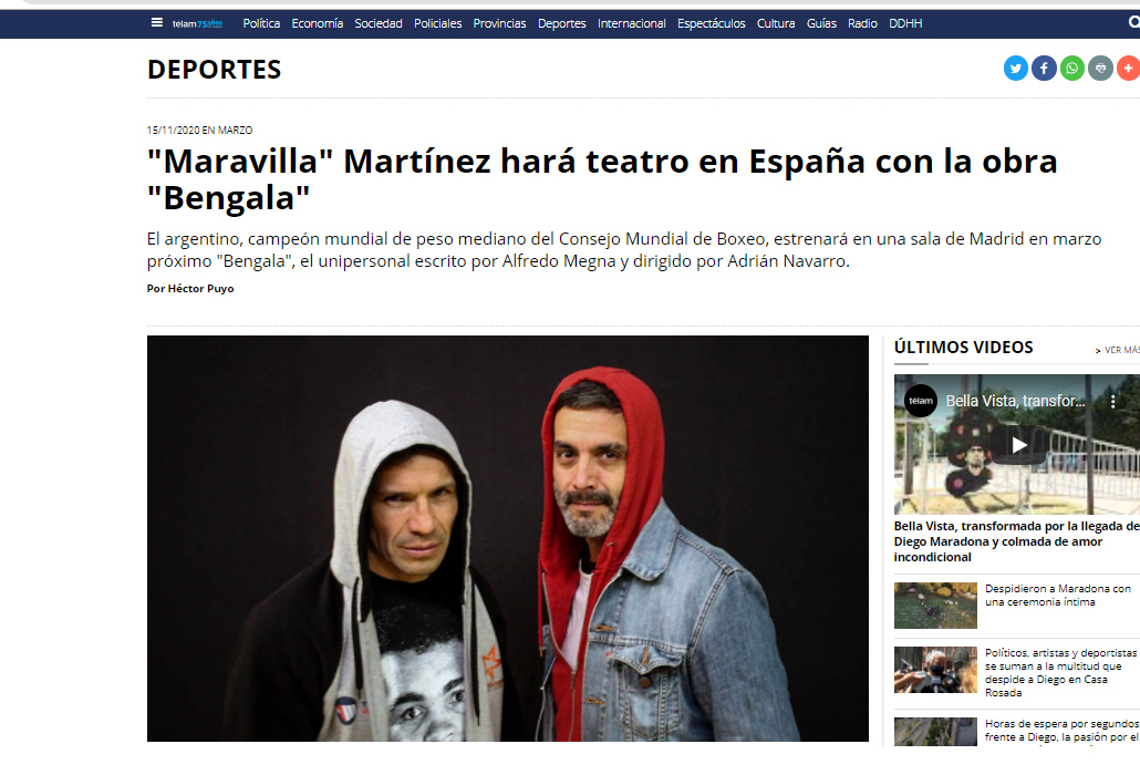 Maravilla Martínez será BENGALA  en MADRID TEATRO - autor Alfredo Megna, y dirección de Adrián Navarro - diciembre preestrenos - marzo gran estrenos y streaming!! Nota en <a href="/AgenciaTelam/">Agencia Télam</a> de Héctor Puyó GRACIAS!!  <a href="/maravillabox/">Sergio Martínez</a> <a href="/aadriannavarro/">Adrian Navarro</a>  telam.com.ar/notas/202011/5…