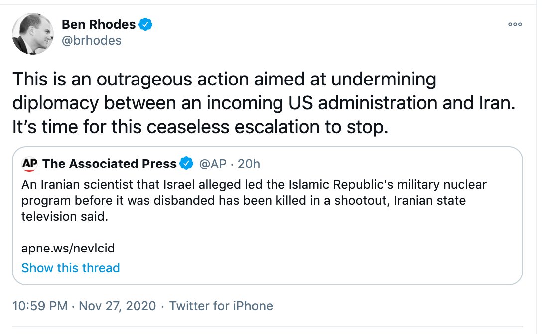 How come Iran's actions...like holding hostage an academic, using proxies to attack in Iraq, attacking Saudi Arabia with drones, mining ships, planting IEDs in the Golan...are never "outrageous" and undermine diplomacy? They literally had militias in Iraq fire rockets w impunity