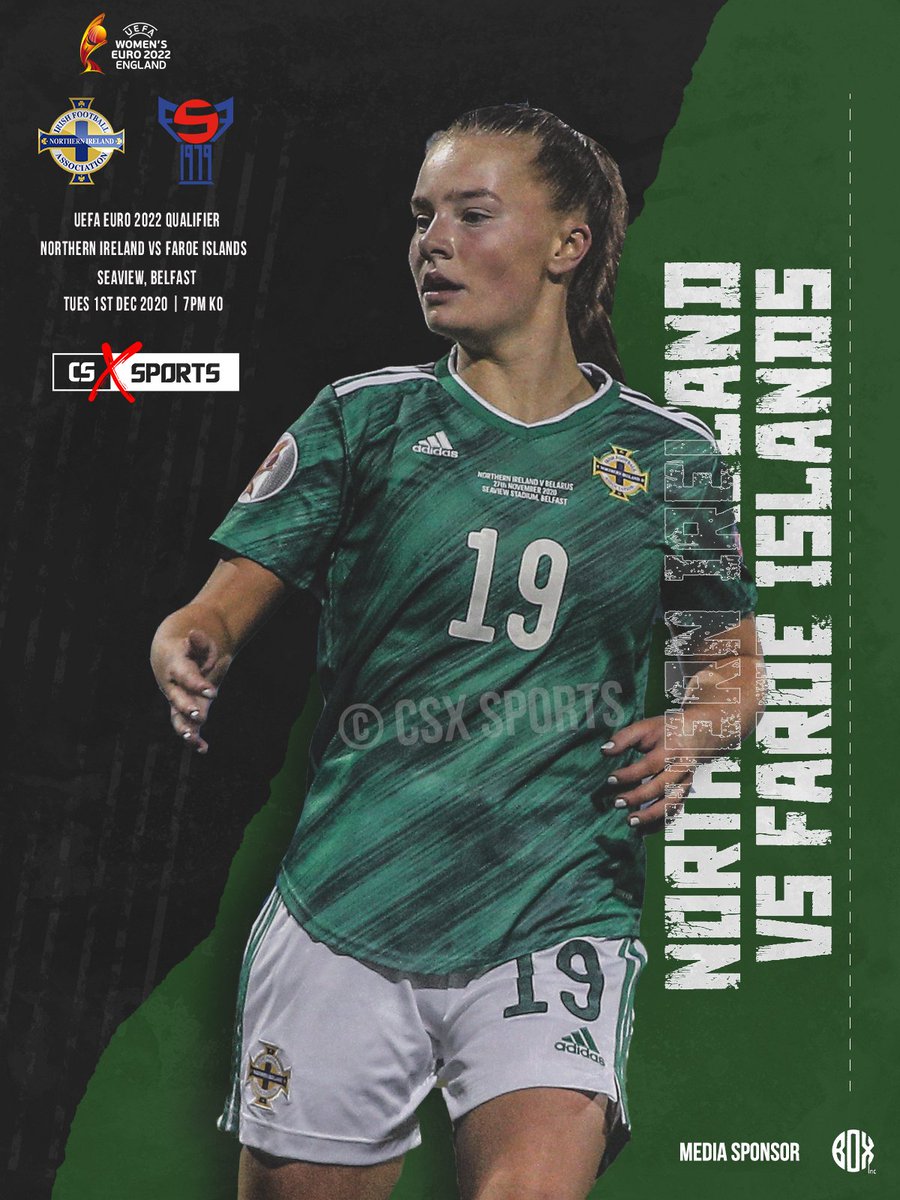 🏆 @WEUROEngland22 
⚽️ @NorthernIreland WNT vs @FaeroskFodbold WNT 
📆 Tue 1st Dec 2020 
🏟 Seaview, Belfast • 🕖 7pm KO 
💻 Design: @CSXSports 

#NorthernIreland #NIWNT #GameChangersNI #WEuro2022 #CSXSports #Belfast  #OneMoreGame #EmilyWilson #GAWA