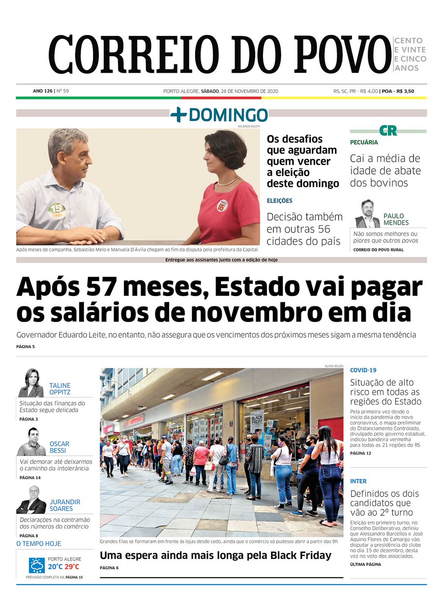 Bom dia!
Esta é a capa do Correio do Povo deste sábado
Para ler a íntegra, acesse: https://t.co/2sBKHBzKv5 https://t.co/QRptlxCS0z