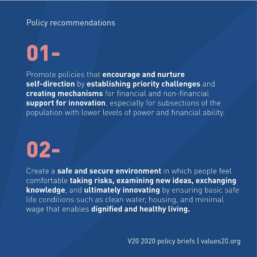 values20group's tweet photo. Promoting policies that encourage and nurture #SelfDirection will positively impact citizens’ will to innovate. That and more are included in this set of #V20 policy recommendations. #ValueOfValues #Values20 https://t.co/AEMlM60YI4