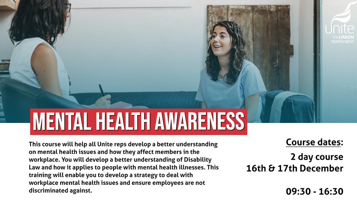 Unite_NorthWest's tweet photo. We are offering a 2 day Mental Health Awareness course for our Unite reps, to be held virtually, on 16th & 17th December 2020.
Please email John.Lea@unitetheunion.org to book your place.
#UniteEducation #LearnWithUnite #MentalHealthAwareness https://t.co/GuM5qTZOXo