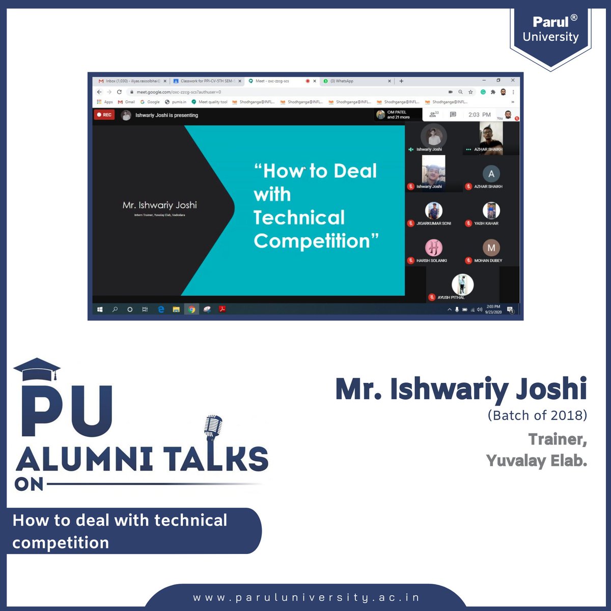 ParulAlumni's tweet photo. #VirtualAlumniTalk
#PPI_EC_Alumni
#ParulUniversity

Parul Polytechnic Institute (EC) recently organized a virtual alumni talk on "How to deal with technical competition" featuring Mr. Ishwariy Joshi (2018 pass out batch). He's been working as a Trainer at Yuvalay Elab, Vadodara. https://t.co/KQ1ME6qnhn