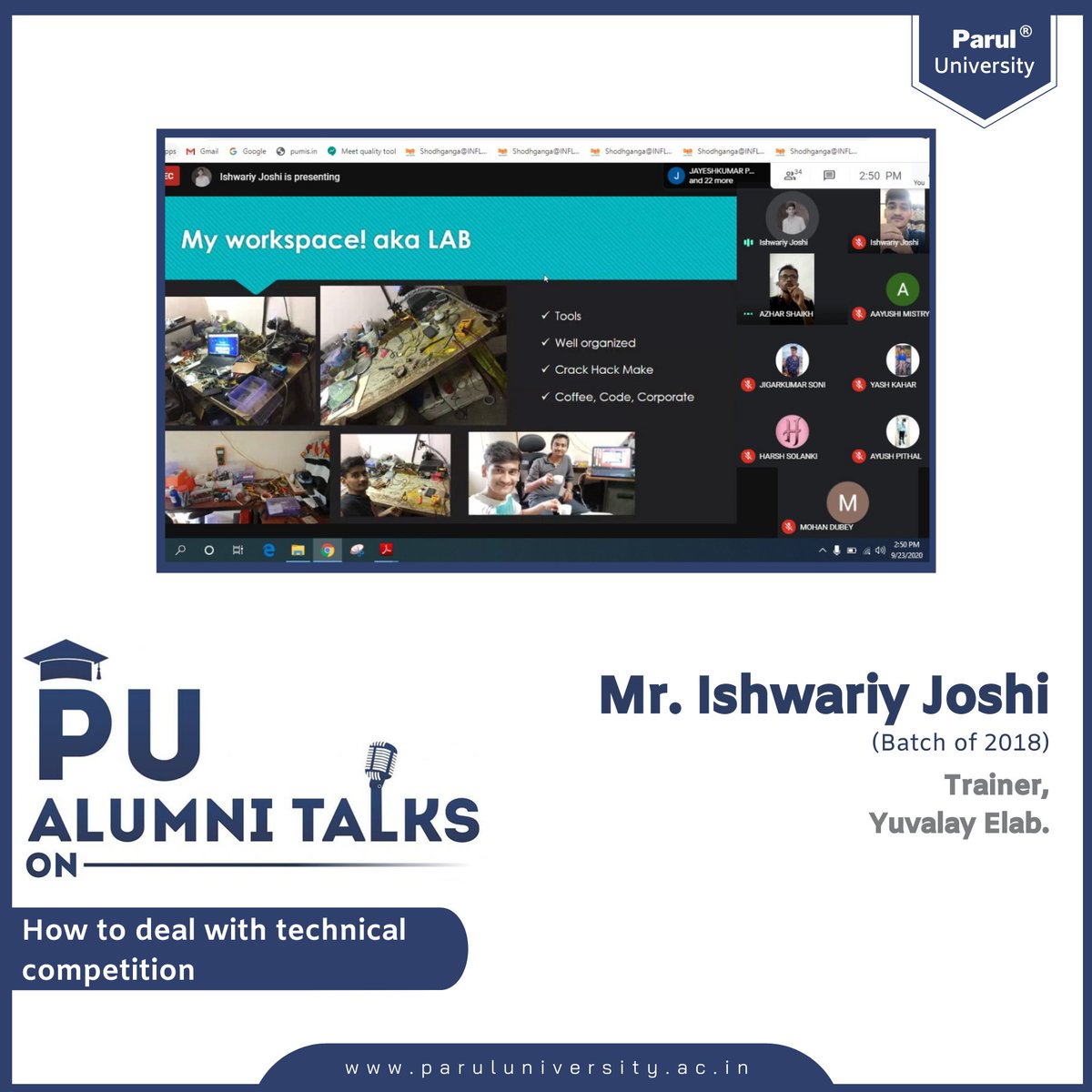 ParulAlumni's tweet photo. #VirtualAlumniTalk
#PPI_EC_Alumni
#ParulUniversity

Parul Polytechnic Institute (EC) recently organized a virtual alumni talk on "How to deal with technical competition" featuring Mr. Ishwariy Joshi (2018 pass out batch). He's been working as a Trainer at Yuvalay Elab, Vadodara. https://t.co/KQ1ME6qnhn