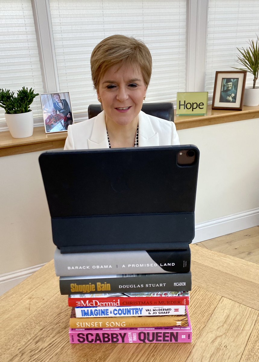 NicolaSturgeon's tweet image. The view from the other side. Getting #SNP20 - a conference with a difference - underway from home with some help from a few of my favourite writers.