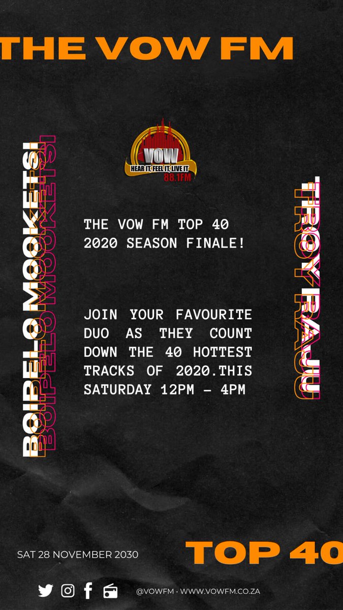 Tune in and tell us your absolute favorite jam of the year, it just might play.💃🏽🕺🏾💃🏽🕺🏾

#LastShowFor the year and who better to do it if not 
<a href="/BB_Mooketsi/">Boipelo Mooketsi</a>
 &amp; <a href="/TroyRaju1/">Troy Raju</a>.🔥🔥🔥🔥

Livestream: vowfm.co.za
Our frequency: 88.1
WhatsApp: 084 078 4912