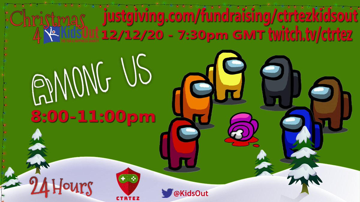 ctrtez's tweet photo. ANOUNCEMENT! 2 Weeks Until the HUGE 24 Hour Stream for @KidsOut and we'll be starting with a great Among Us group including these great people:

@HerNameIsMelula 
@JohnSReid 
@alexbrewtiful 
@GavAndJu 
@DrSquidge 

Who will be most Sus?

#Christmas4KidsOut https://t.co/dn6KMMuIhR