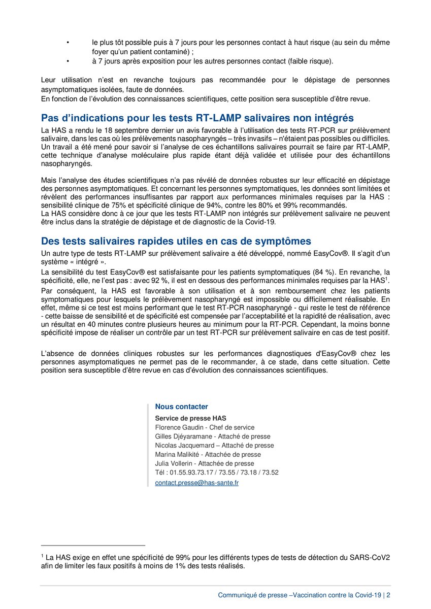 HAS_sante's tweet photo. #Communiqué | La HAS se prononce sur les tests salivaires RT-LAMP ("non-intégrés" et "intégrés" #EasyCov) et met à jour les indications des tests antigéniques chez les personnes contact

👉 https://t.co/RC4xcJt5wo

On déroule ⤵ https://t.co/jkoUGUIz2G