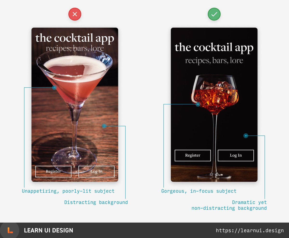  There are only two “cheatcodes” in UI design. The second is: USE GOOD IMAGERY. If your design relates to something photogenic, you *must* take advantage of it. (11/50)