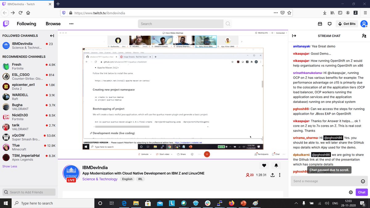 pghosh86's tweet photo. App Modernization with Cloud native development on @RedHat OpenShift for Mainframes - Meetup is live .. and some Great demos are going on .. #LinuxONE #HybridCloud https://t.co/gm0AcQCtlm