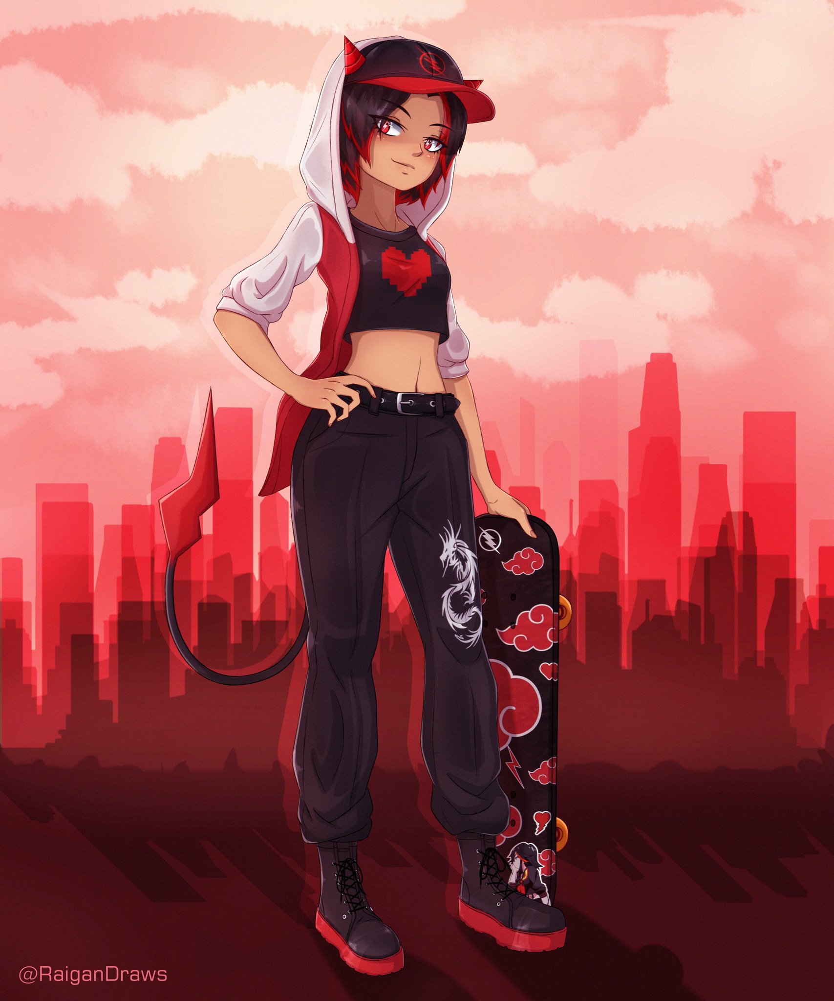 Anime girl with blue hair and a red scarf skateboarding