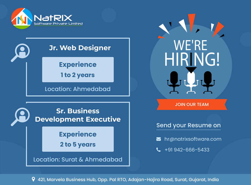 #jobopportunities

We are looking for the below post:
Sr. BDE - 1
Jr. Web Designer - 1

Advantages:
- Work From Home
- Interviews from home
- Paid Leave policy
- Flexible working hours
- Best Payscale 
Interested candidates can share cv at hr@natrixsoftware.com

#hiringalert