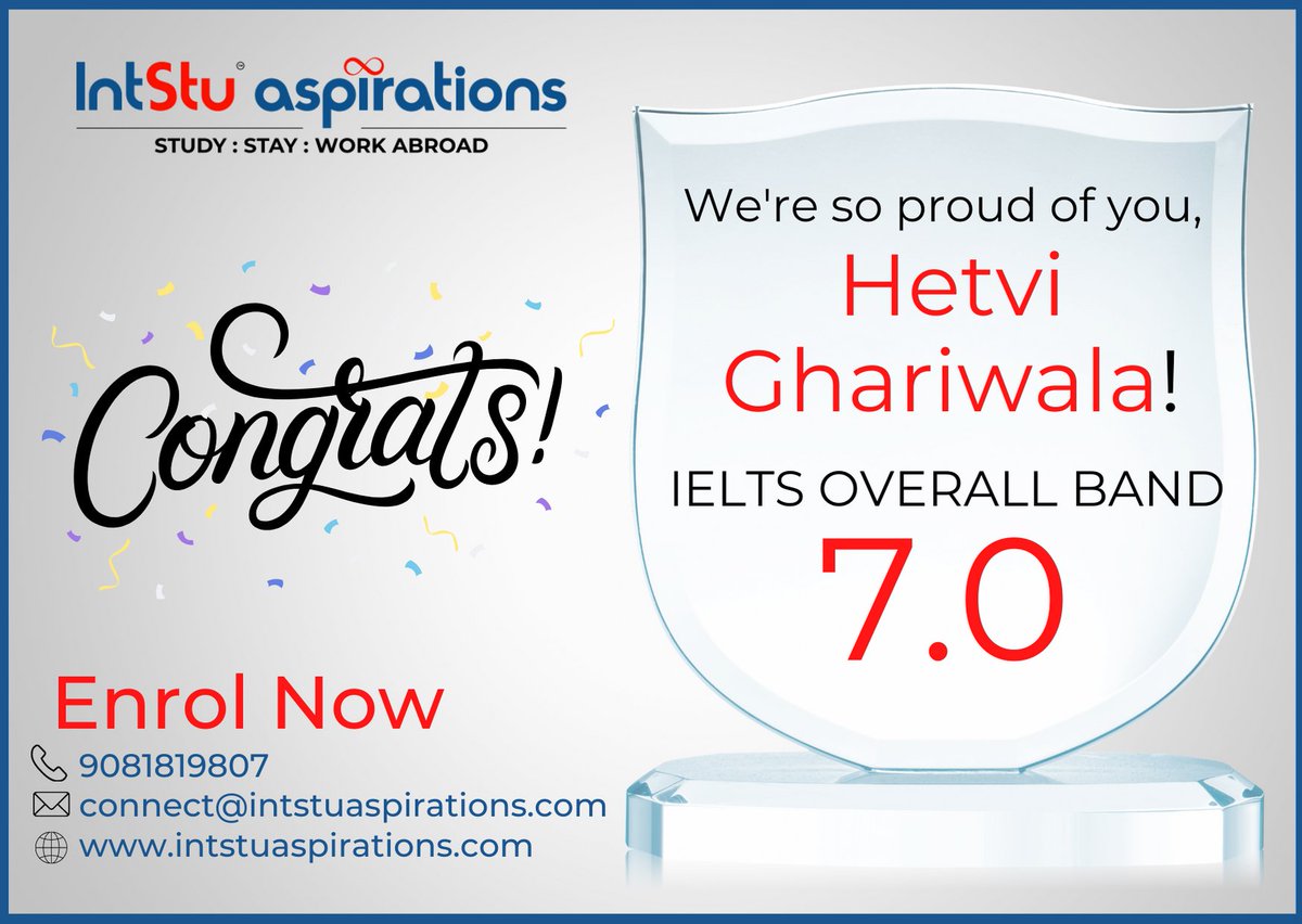 IntstuA's tweet photo. IntStu Aspirations heartily congratulates Hetvi Ghariwala for scoring overall 7.0 bands in IELTS. Enrol now to achieve your dream score. Call on 9081819807 or visit https://t.co/ePTQJ3ybZP.
#intstuaspirations #ielts #studyabroad https://t.co/95xhtxEANb