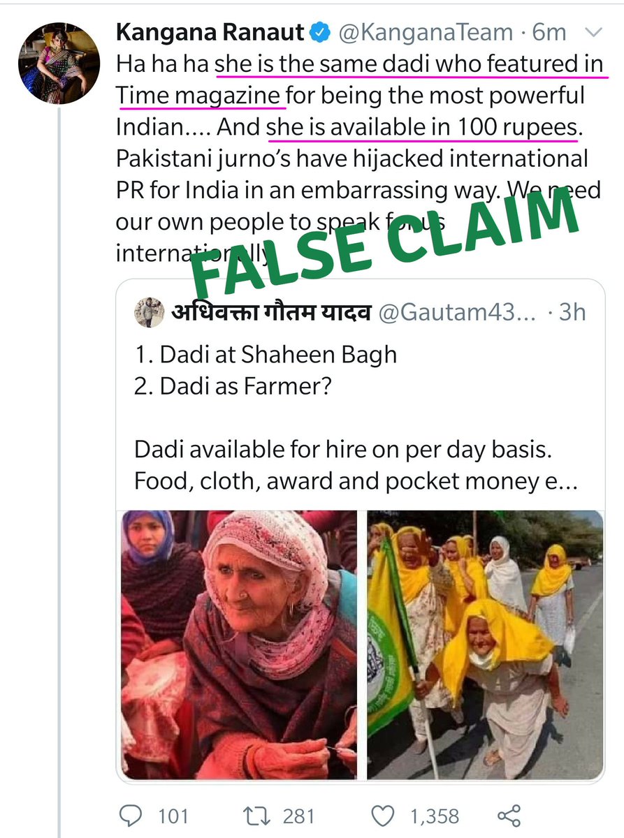 free_thinker's tweet photo. This is a false claim by @KanganaTeam. She has now deleted her tweet. Do not forget how she's using her position to pull down and discredit those who are not privileged, and fighting for their rights. She is EXACTLY what she claims to be fighting against. https://t.co/h1huGvf9Ki