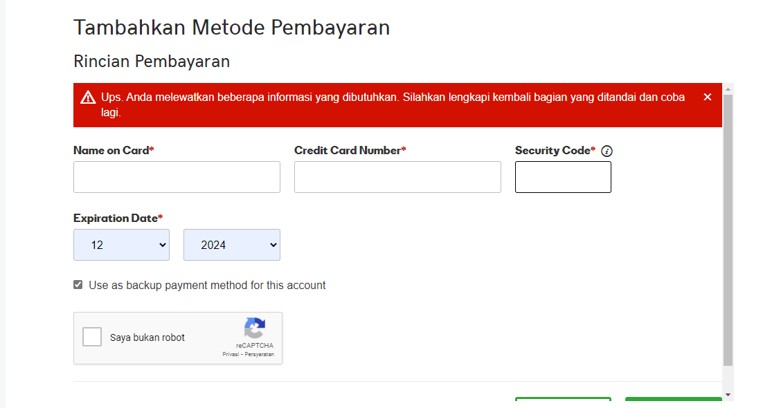 indrapandu's tweet photo. @GoDaddyHelp Hi, I tried to make a payment using my CC Visa card. However it always ended up like this. It says I need to fill the missed fields which I don't know which one was it. Please help me resolving this issue. Thanks https://t.co/IeCiH2YRmg