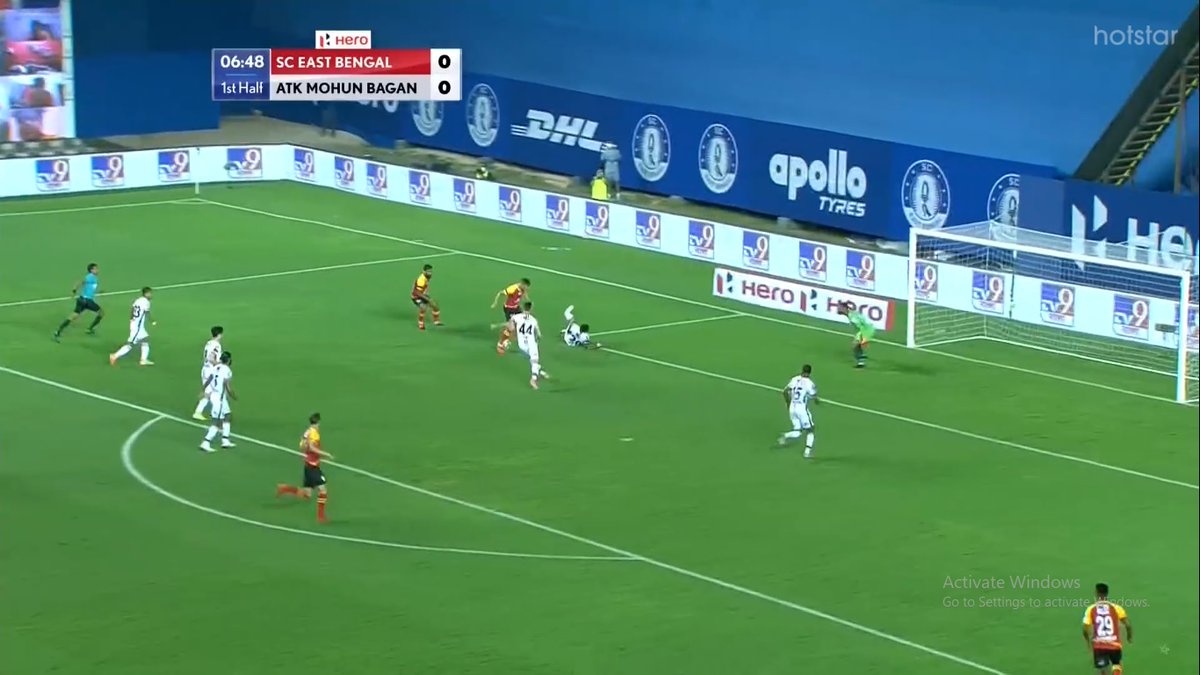 7’ –  @sc_eastbengal's first big chance. A touch off Maghoma found Pilkington in the box. He managed to find some space following Pritam Kotal’s failed tackle but instead of getting through with the shot, he tried to bring the ball to his right foot which allowed Tiri to recover.