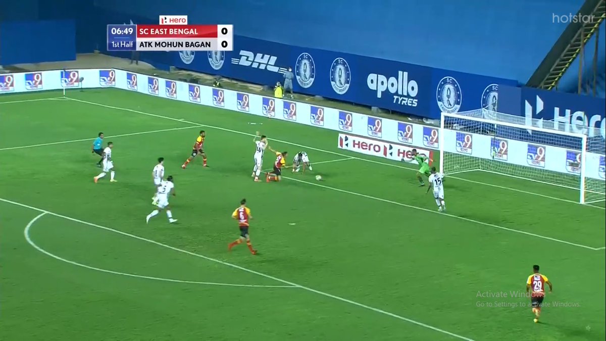 7’ –  @sc_eastbengal's first big chance. A touch off Maghoma found Pilkington in the box. He managed to find some space following Pritam Kotal’s failed tackle but instead of getting through with the shot, he tried to bring the ball to his right foot which allowed Tiri to recover.