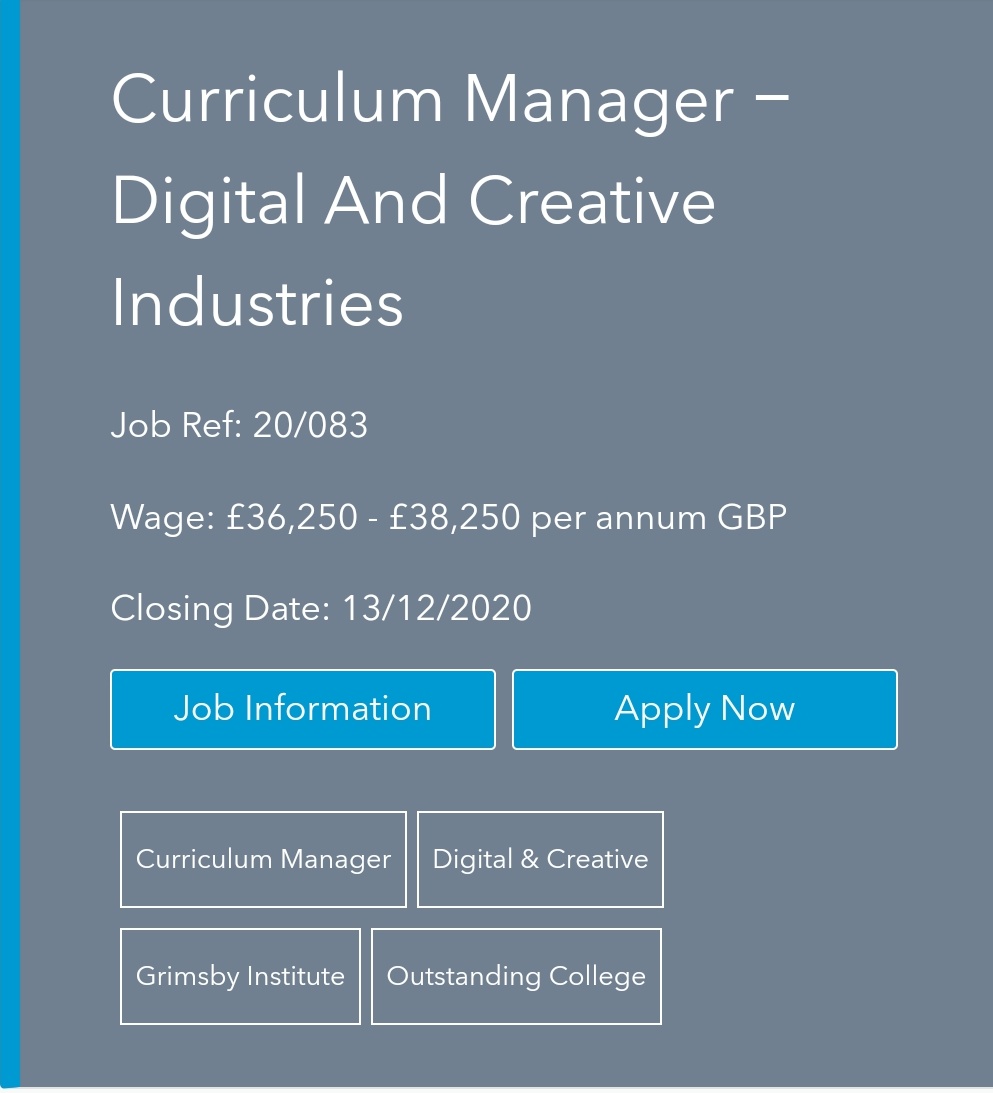 Come and join our award winning faculty. Please see the website for further information <a href="/gifhe/">Grimsby Institute</a> @gcreativeart <a href="/GI_ESTV/">ESTV Media & Photo</a> <a href="/gicreativetechs/">gicreativetechs</a> <a href="/GIcompandgames/">GIcompandgames</a> <a href="/GIFHEPARTS/">GIFHE Performing Arts</a> <a href="/gi_icc_idc/">GIFHE ICC Team</a>