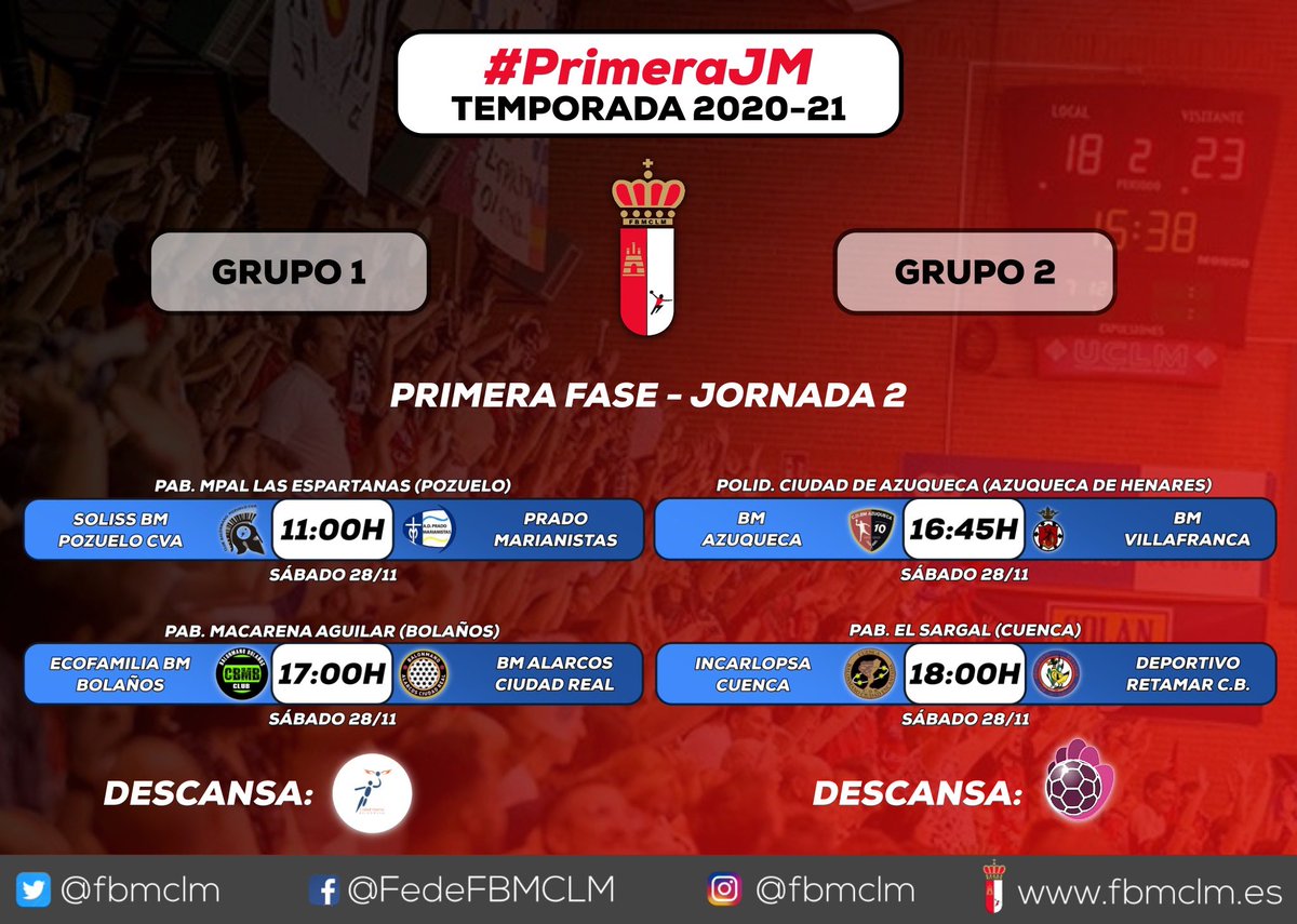 fbmclm's tweet photo. 👉🏼 ¡Estos son los horarios de la Jornada 2 de #PrimeraJM 🤾🏼♂️!
🌟 @BMPozueloCva 🆚 @AdPMarianistas y @BMCdadEncantada 🆚 @DtvoRetamar
🔋 Descansan @BMCiud_Imperial y @basebmguada.
#⃣ #FBMCLM ❤️🤍 https://t.co/ty04Q5IIdk