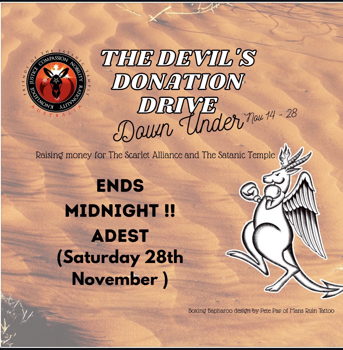 The Devil’s Donation Drive Down Under ends tonight ! 5 hours left . Details are at tinyurl.com/fotst-dddu