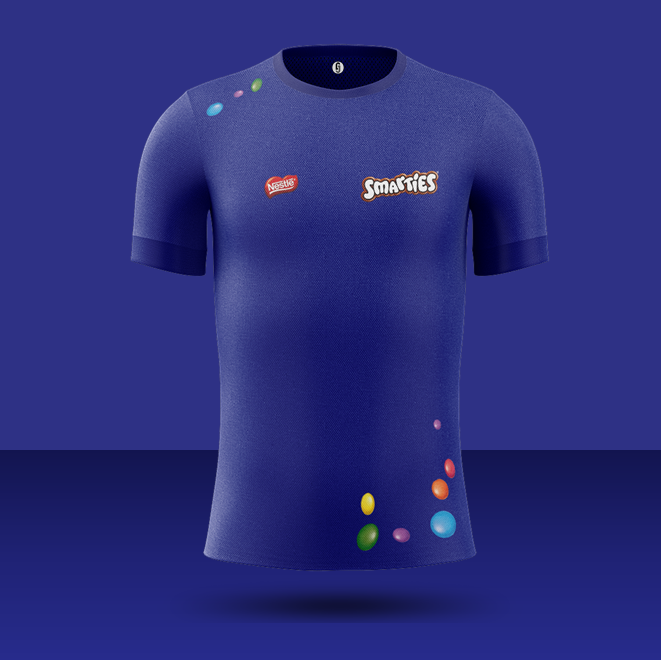  @SmartiesUKI:Only Smarties have the answer why these kits haven't been made sooner. They come packaged in a tube which when you pop open, reveals a random letter for no reason whatsoever.The pink away kit has a very subtle Smarties pattern across it (if you look real hard).