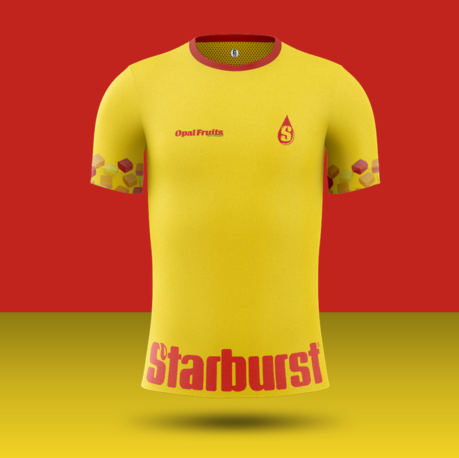  @Starburst:An unexplainably juicy kit from the once legendary Opal Fruit brand. A clean yellow kit with classy Starburst branding complete with chewy candy on the sleeves. Bursting with fruit juice!**Not literally.