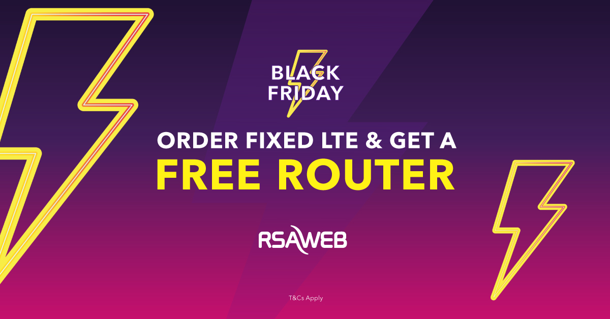 #BlackFriday Fixed-LTE Deal with RSAWEB! Get a free router to the value of R2450 when ordering selected SIM only MTN Fixed-LTE packages. Hurry though, this promotion only applies to the first 100 orders. T&Cs apply. Learn more: https://t.co/NHLTs7ZvJB https://t.co/MhgsiS8aTh