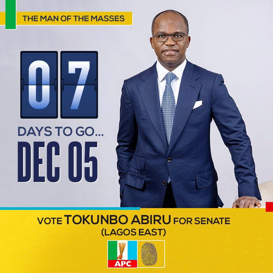 TokunboAbiru's tweet photo. Dear constituents, we have got 7 more days before the big day.
Let's make sure our voices are heard with our thumbprints and PVCs. The decision to consolidate the progress and development of our state is solely in our hands.
#LagosEast
#TA
#TokunboAbiru
#Dec052020 https://t.co/amDIAsabTm