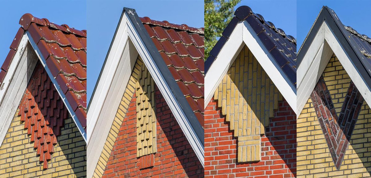 Zoek de verschillen! Eppe van der Molens puntgevelsiermetselwerk (lekker woord!) in de Kastanjelaan te Grijpskerk.  https://amsterdamse-school.nl/zoeken?q=kastanjelaan+grijpskerk&filter=O&view=thumbnails