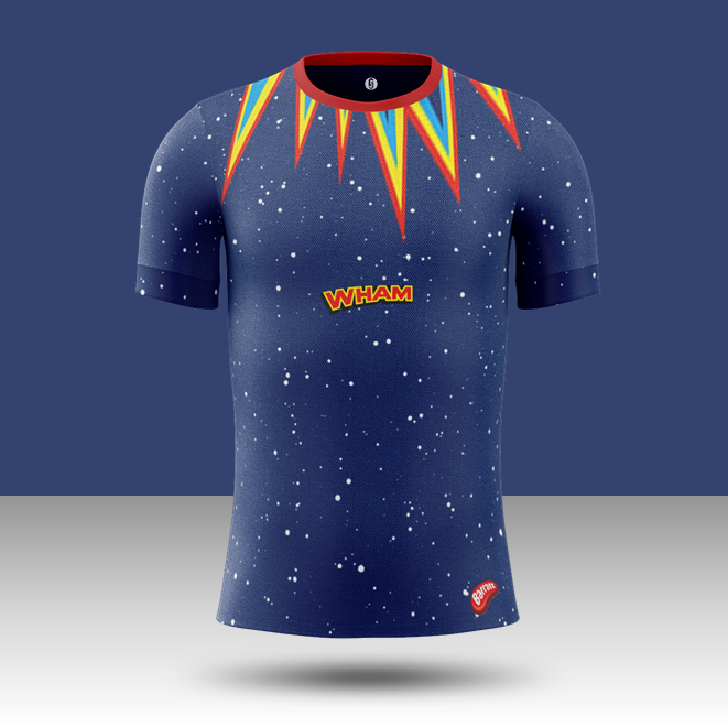  @BarrattSweets WHAM Bar:Who doesn't love a Wham Bar? This kit deconstructs the bars iconic packaging with the explosion now dripping from the neckline like a very colourful Black Panther. Barratt's branding at the bottom and individually braided stars across the entire kit.