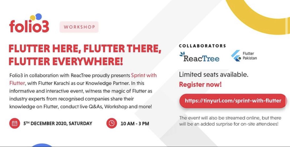 FlutterKarachi's tweet photo. Flutter Karachi feels proud to be a Knowledge Partner in this physical event organized by Folio3, in collaboration with ReacTree!
Follow the event for all the details regarding the happening!
#flutterVerse #sprintWithFlutter
Event link: https://t.co/8GcQZdwkgy https://t.co/NeAuZLvOGX