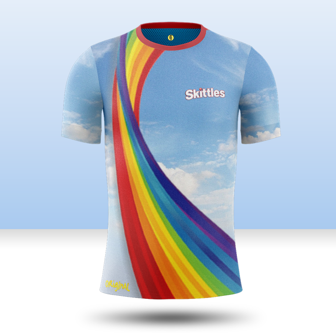  @Skittles:Wear the rainbow with this striking effort from Skittles. A bold rainbow streaks across the cloudy sky coloured kit which comes with a variety of coloured collars.