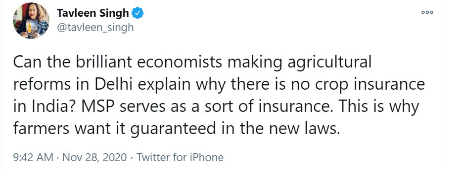 The extraordinarily malevolent  @tavleen_singh who is but a representative of the entire Lutyens class of middlemen. First, why is there no crop insurance?When proved there is, then ask does it work? When proved it does work, then ask why no private insurance?1/3