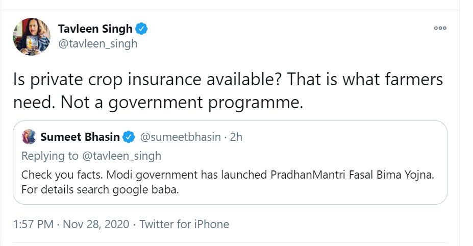 The extraordinarily malevolent  @tavleen_singh who is but a representative of the entire Lutyens class of middlemen. First, why is there no crop insurance?When proved there is, then ask does it work? When proved it does work, then ask why no private insurance?1/3