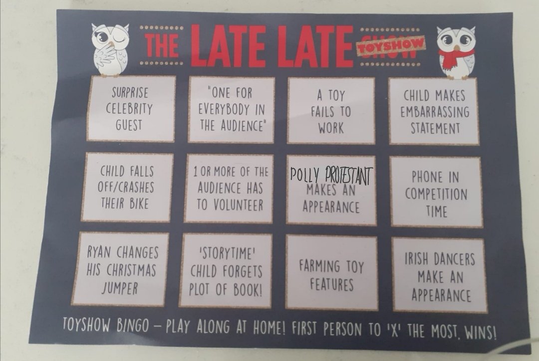 RDrewsBeard's tweet photo. #TheLateLateToyShow #pollyprotestant New revised Late Late Toy Show Bingo sheet launched today! https://t.co/TnLmkSYbn5