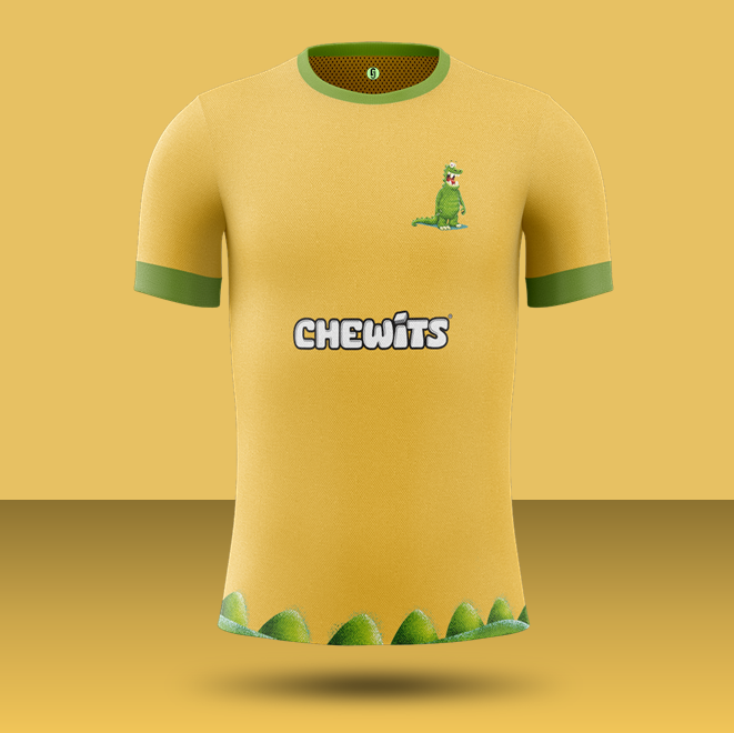  @Chewits:A home & away kit from Chewits available in Blackcurrant and Fruit Salad colour. The "iconic" Chewie graces both as the kit badge. Only if you own BOTH kits can you claim exclusive Spotify access to the super hit, "I Like To Chew It Chew It" (remember that? lol)