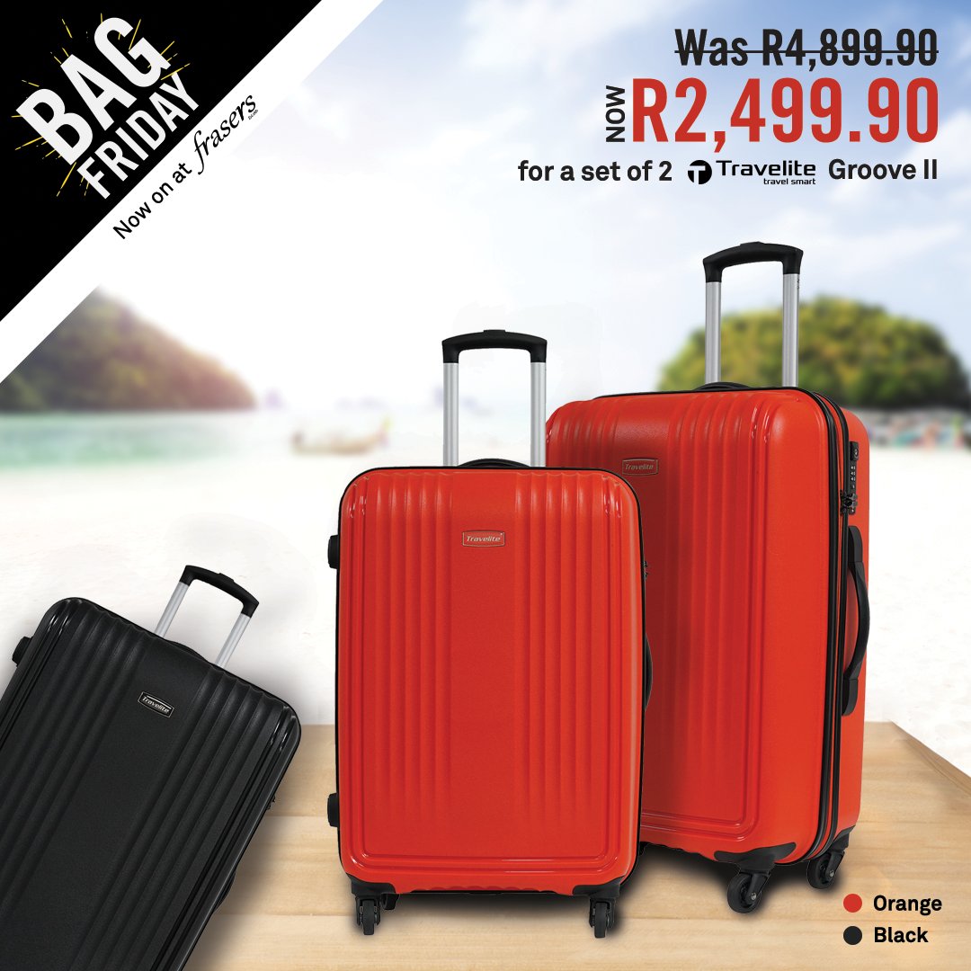 Eastgateshops's tweet photo. Get in the groove for travel with #BagFriday, now on at @FrasersLuggage. SAVE R2,400 on a set of Travelite Groove II luggage, available in black or orange. Promo valid until 06 December, while stocks last. Ts &amp; Cs apply. https://t.co/BmFY5kMUSb
