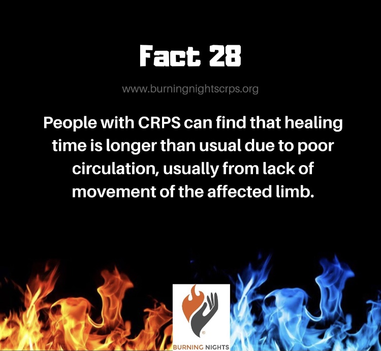 BNightsCRPS's tweet photo. Facet 28
People with CRPS can find that healing time is longer than usual due to poor circulation, usually from lack of movement of the affected limb. #CRPS #CRPSAwareness #CRPSAwarenessMonth https://t.co/CIPFpUodwi