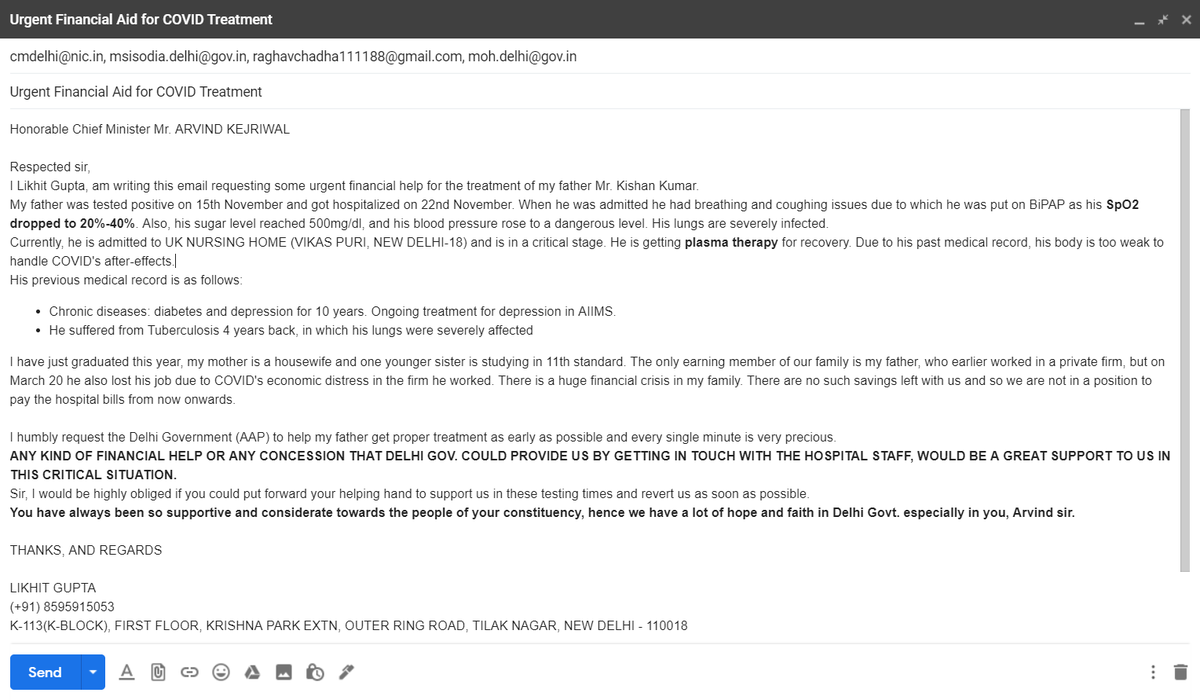 likhitgupta04's tweet photo. @ArvindKejriwal @msisodia @SatyendarJain @raghav_chadha @AamAadmiParty
Urgent need for financial help, for my father suffering from COVID.
Attached the email screenshot(with details) sent to the above-tagged authorities.
Kindly, help I have trust and faith in Delhi Gov.
Thank you https://t.co/SdGVEBpfxX