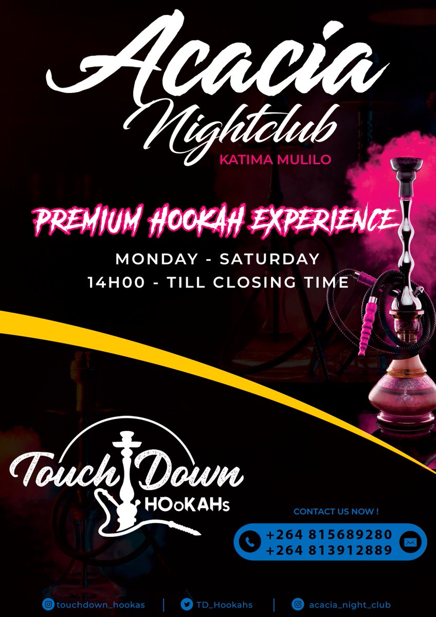 TD_Hookahs's tweet photo. If you are in Katima Mulilo, Acacia Nightclub is the place to be... Our Premium Hookahs are available there...! turn up for a premium Hookah experience...🔥🔥🍻💨

#Hookah #Catering #Service #KatimaMulilo #KM #Zambezi https://t.co/MLYKPtYAJy